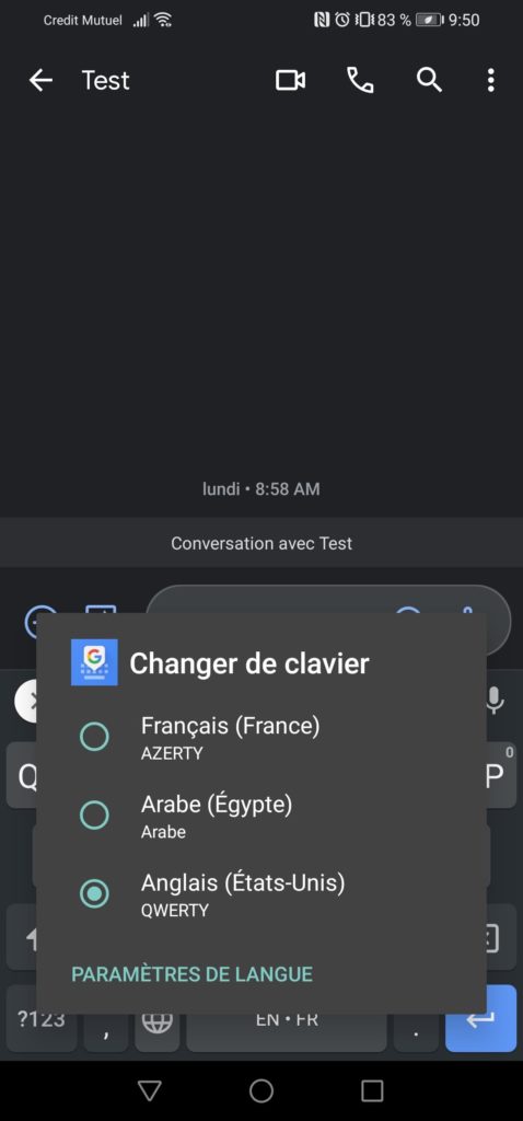 switcher d'une langue à l'autre sur clavier gboard sur android