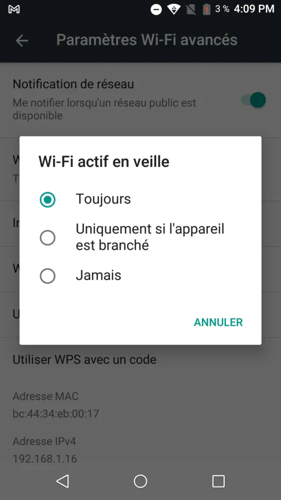 wifi actif en veille pour le garder allumé sur android